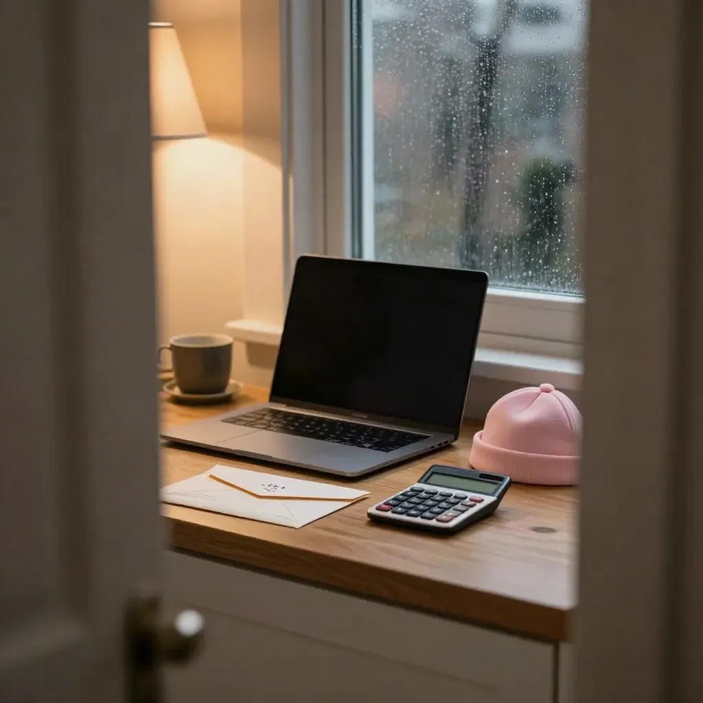 Hemmakontor med stängd laptop, miniräknare, kuvert och babymössa i kvällsregn