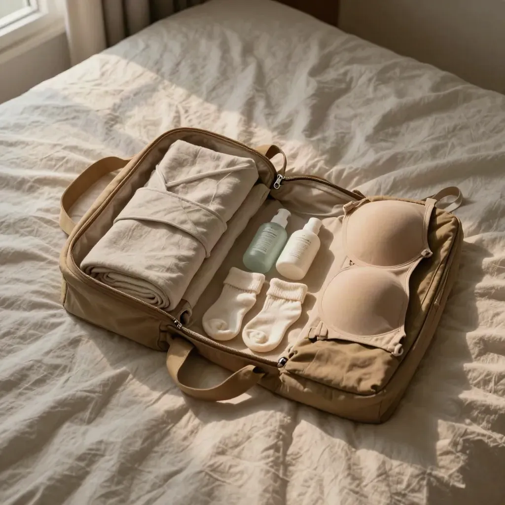 Öppen BB-väska med bebisstrumpor, swaddle och toalettartiklar på ljusa sängkläder.
