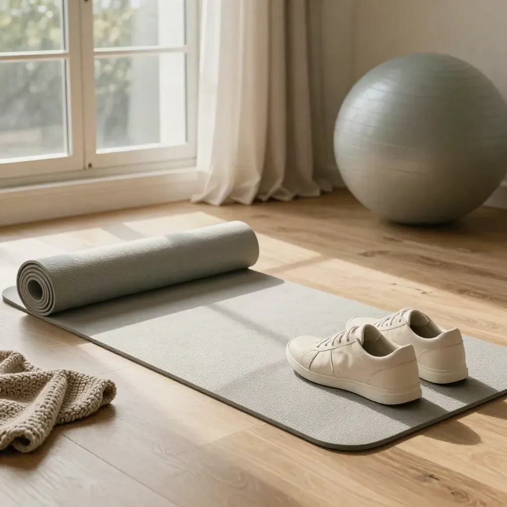 Rullad träningsmatta, sneakers, stickad filt och pilatesboll vid ett soligt fönster.