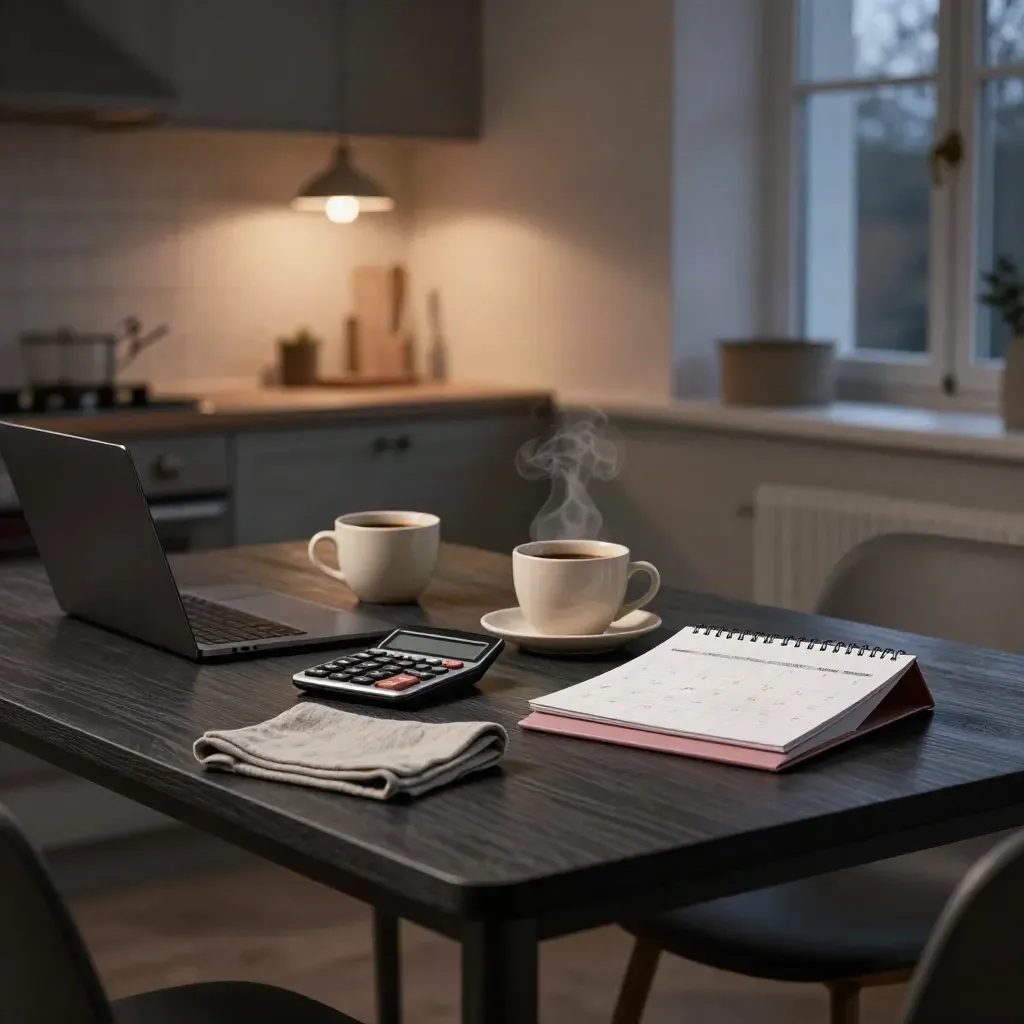 Två kaffekoppar, stängd laptop, miniräknare och kalender på köksbord i kvällsljus.