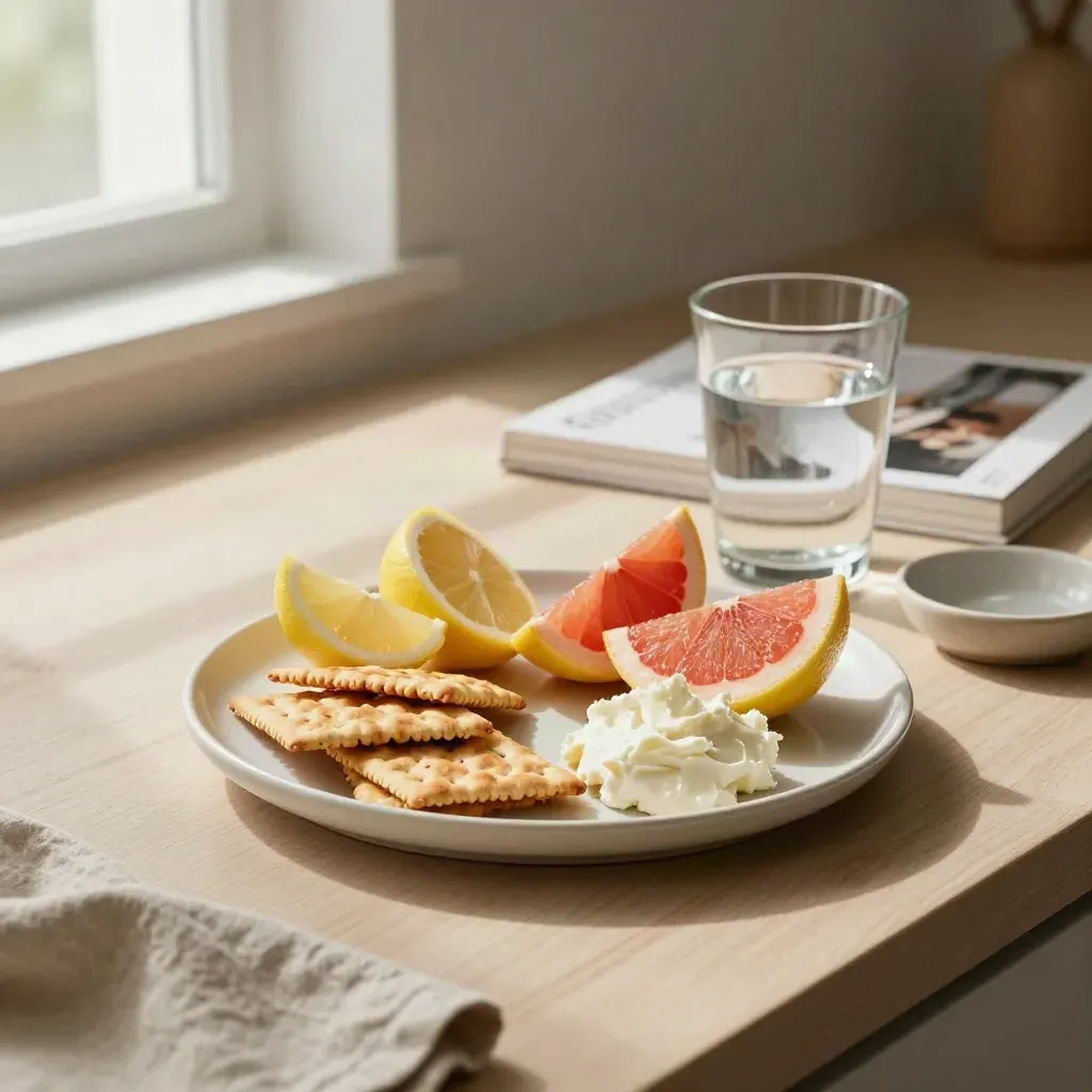 Snackfat med citrus, kex, ost och vatten bredvid en kokbok på ljus träyta.