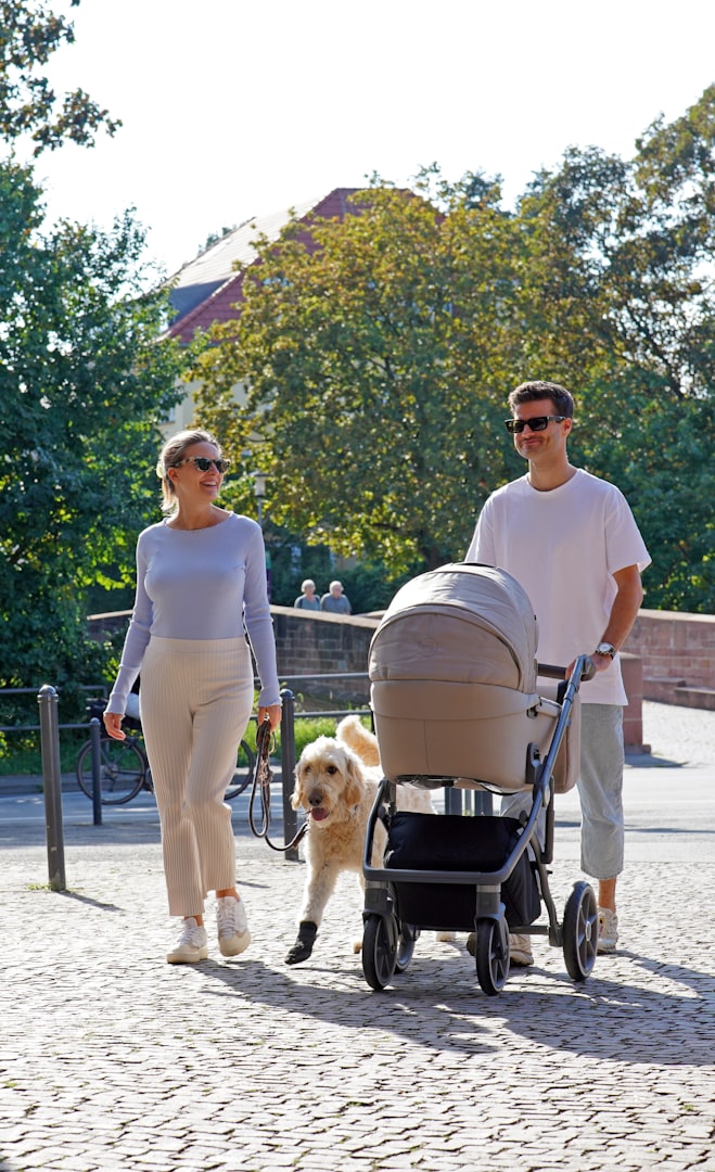 Par med barnvagn och hund som är ute på promenad.